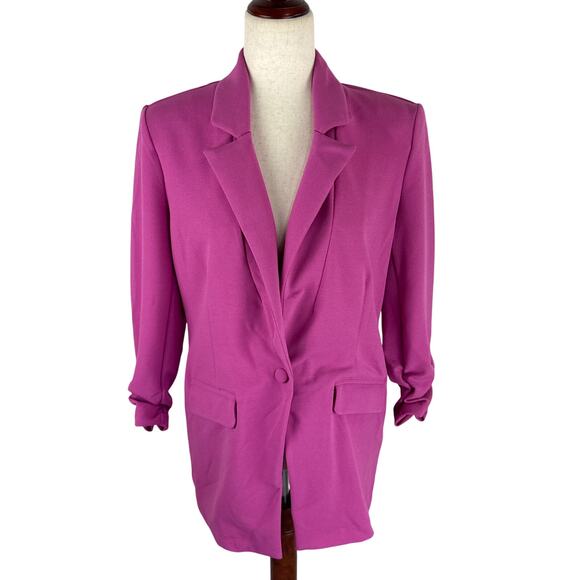 BAR‎ III 3/4 RUCHED SLEEVE ONE BUTTON BLAZER IN FUCHSIA NWOT WOMEN'S SIZE SMALL - Picture 2 of 12